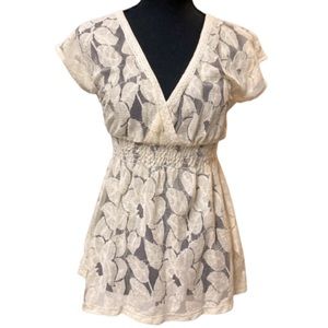 Cream Floral Lace V-Neck Short Sleeve